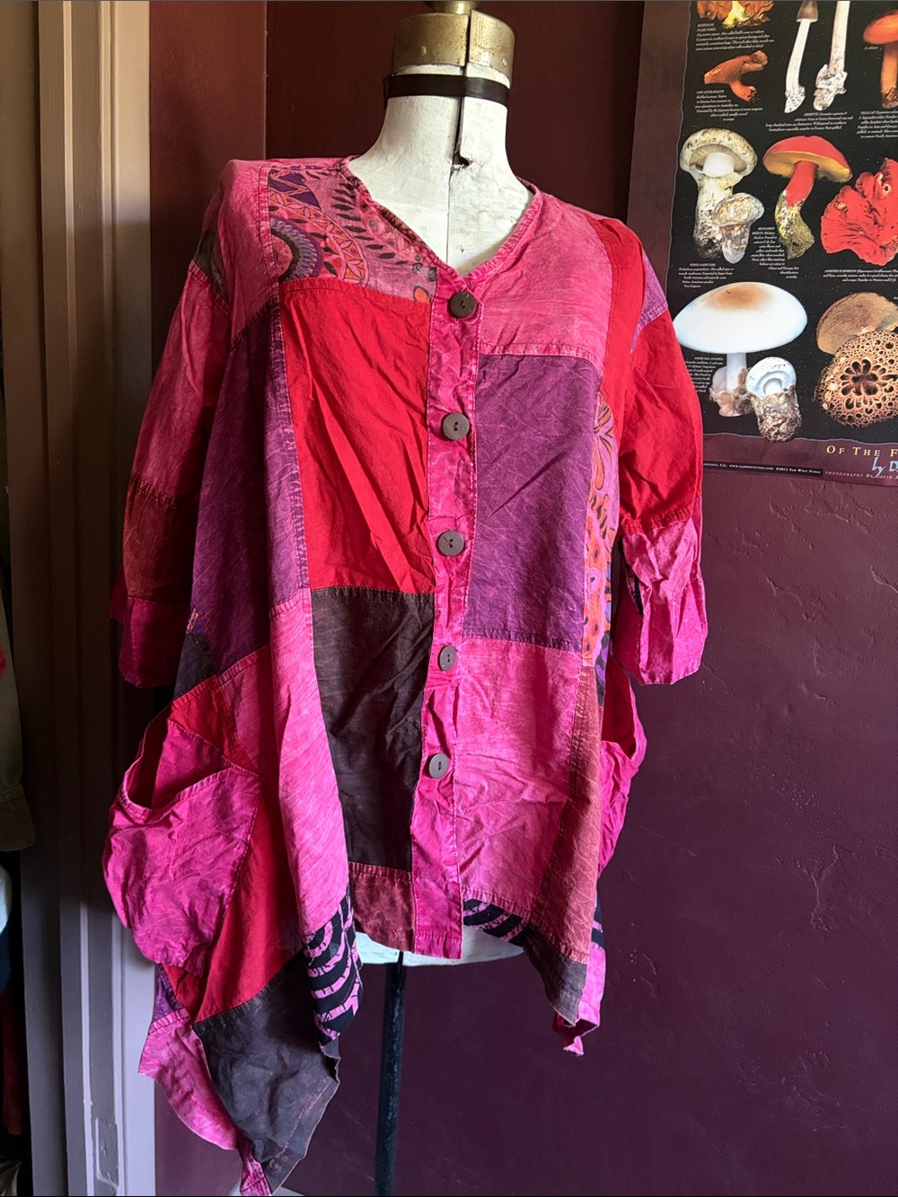 Boho Patchwork Button-Front Women's Top - Pink & Red